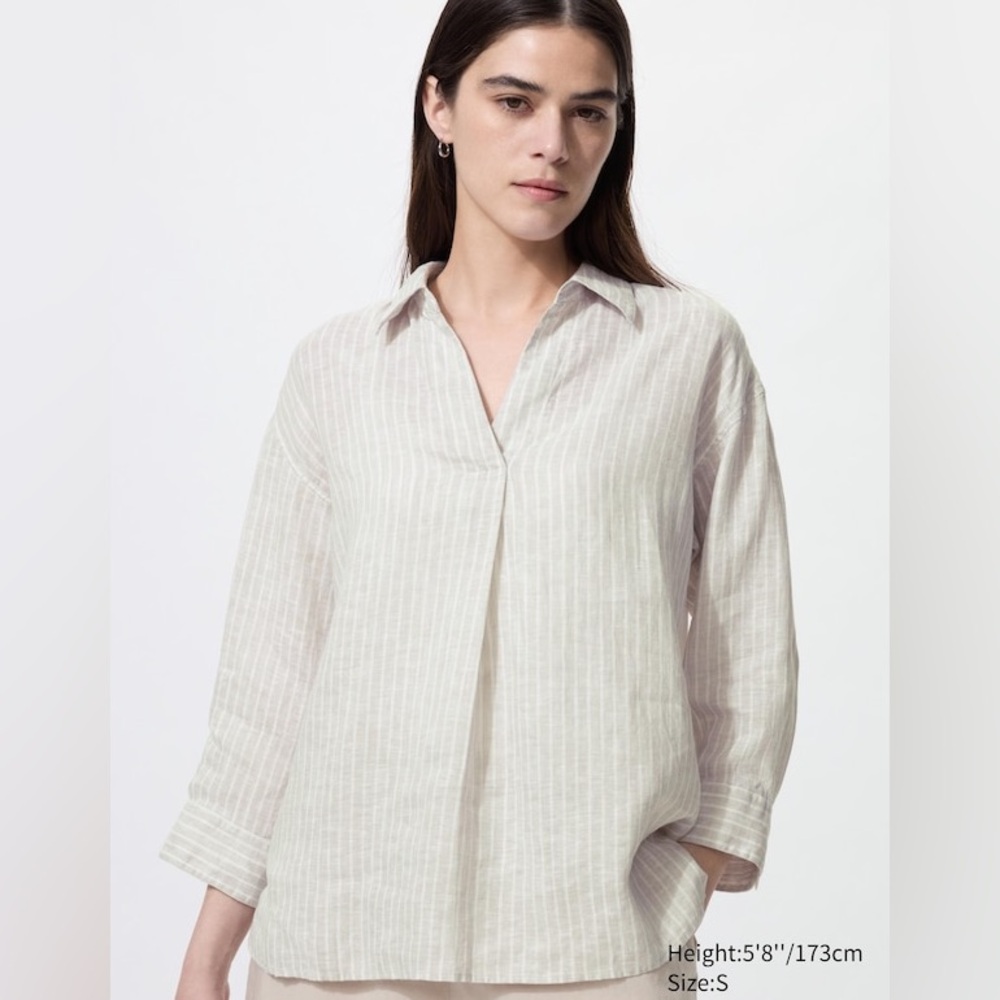 Uniqlo Premium Linen Skipper Collar 3/4 Sleeve Shirt